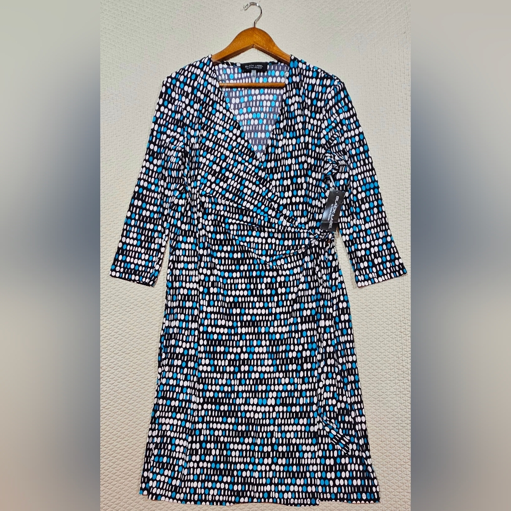Black Label By Evan Picone Blue & Black Modern Geometric Wrap Dress Size 16 NWT
